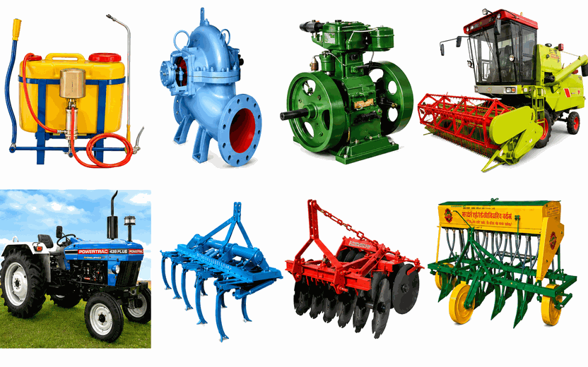 Agricultural machines including tractors, implements, sprayers, pump sets, combine harvesters, zero-tillage equipment, and specialized farm machinery