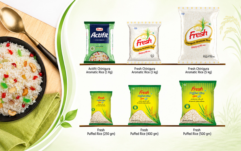Aromatic rice and puffed rice products in assorted packaging sizes