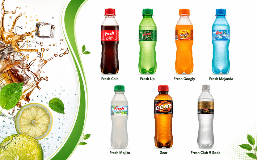 Beverage products including cola, lemon-lime, orange, soda, mojito, and flavored soft drinks in bottle packaging