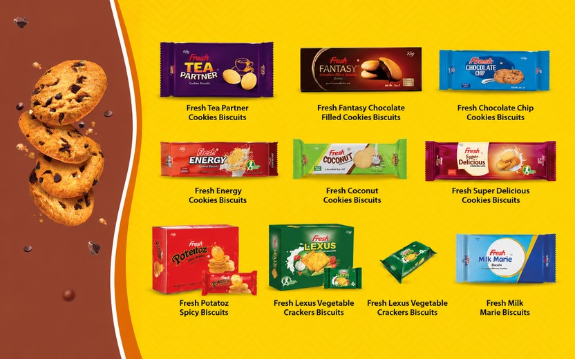 Chocolate-filled cookies and assorted sweet biscuit packs