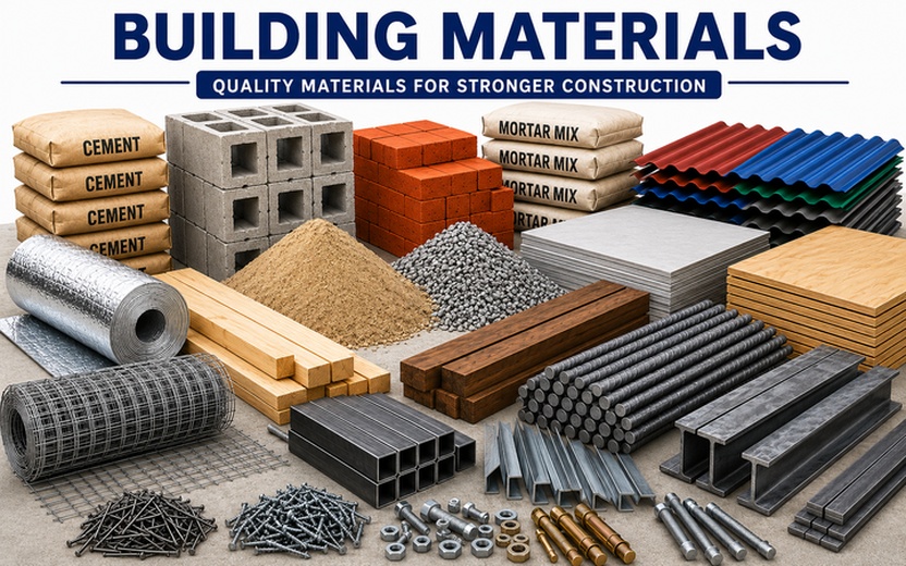 Building materials including cement, blocks, bricks, steel, roofing, timber, plywood, fasteners, sand, and gravel