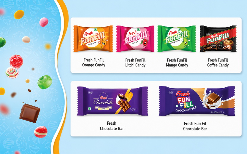 Assorted candy and chocolate products including fruit candies and chocolate bars