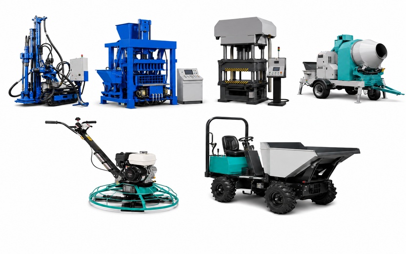 Construction and earth-moving machinery including concrete equipment, block-making machines, compactors, dumpers, lifts, excavators, forklifts, cranes, trucks, and trailers