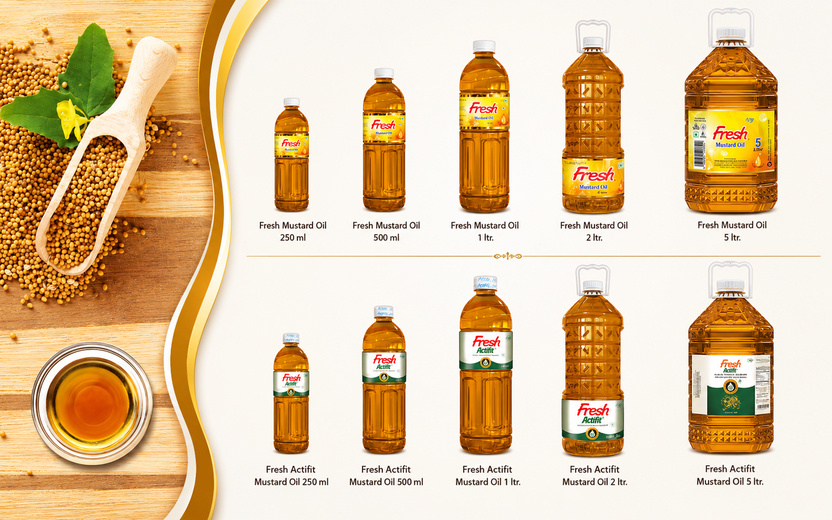 Mustard oil products in multiple bottle and jar sizes