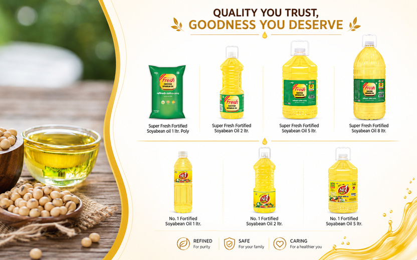 Fortified soyabean oil products in pouch, bottle, and jar packaging