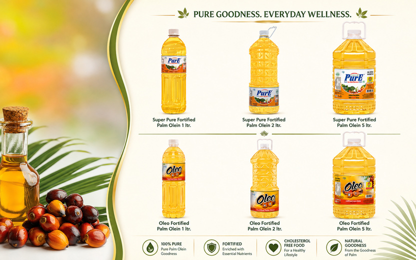 Fortified palm olein products in 1 litre, 2 litre, and 5 litre pack sizes