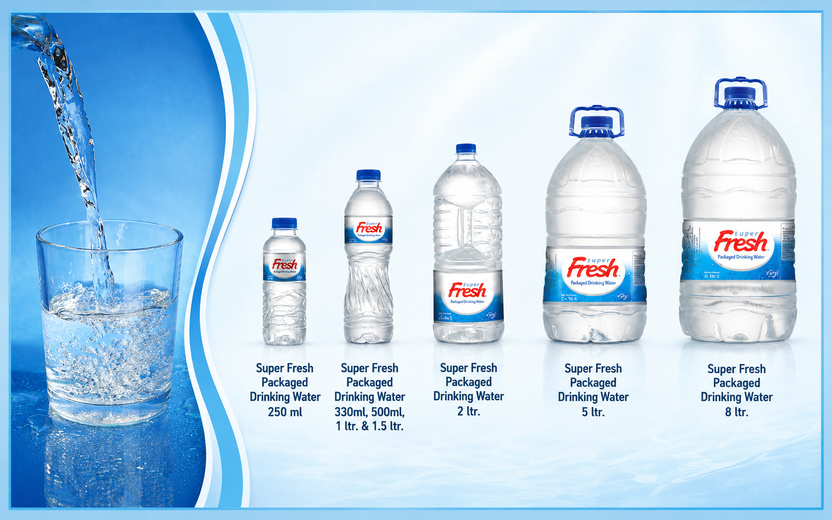 Super Fresh packaged drinking water in 250 ml, 330 ml, 500 ml, 1 litre, 1.5 litre, 2 litre, 5 litre, and 8 litre sizes