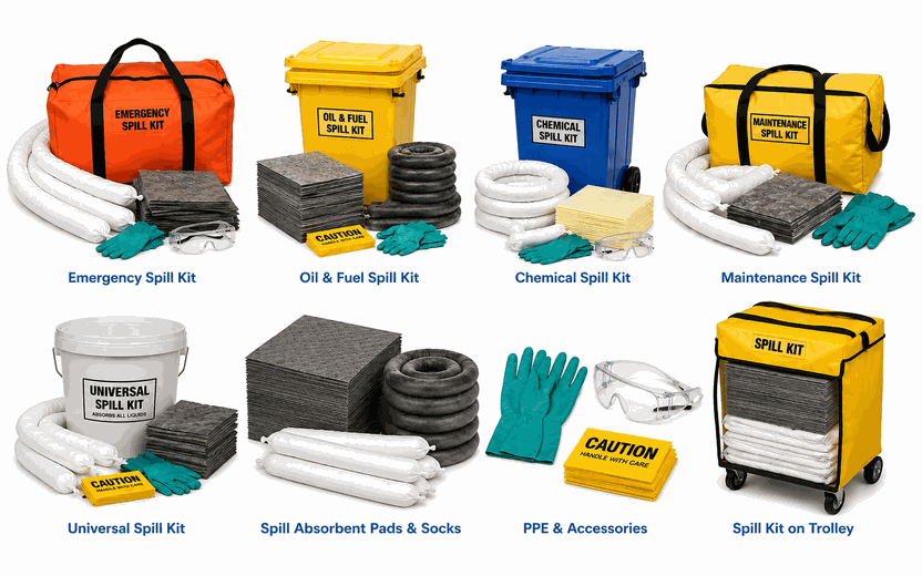 Emergency spill kits including oil, fuel, chemical, maintenance, and universal spill-control products