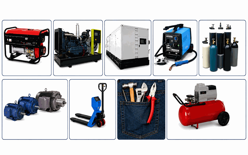 Engineering equipment including generators, motors, machinery, welding systems, gas cylinders, material handling equipment, and air compressors