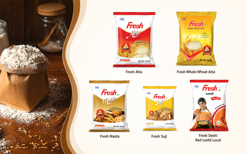 Flour, whole wheat atta, maida, semolina, and lentil products in retail packaging
