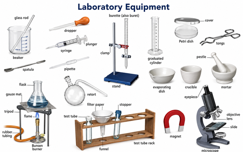 Laboratory testing instruments, pH meters, microscopes, pipettes, racks, and sample containers