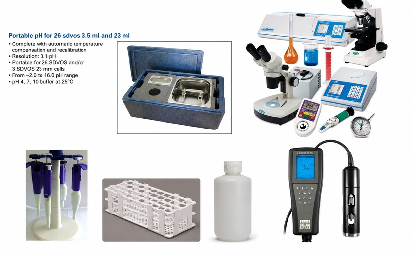 Laboratory equipment including glassware, test tubes, microscope, burner, measuring tools, and accessories