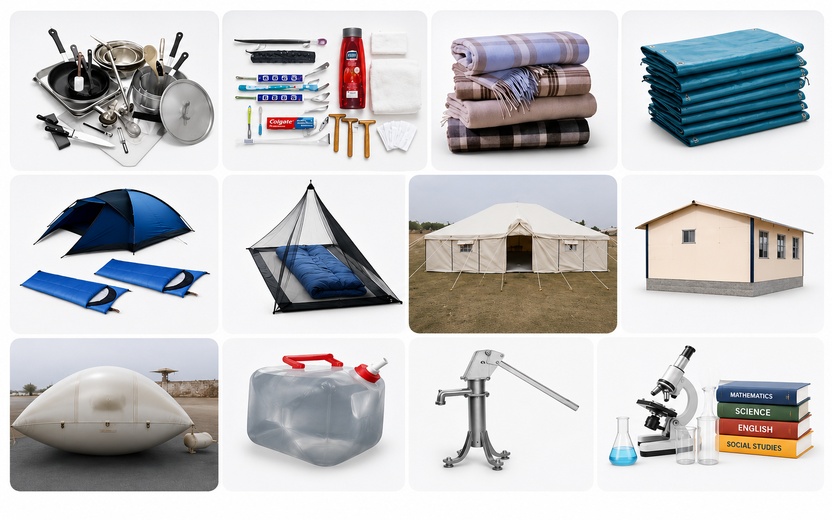 Non-food relief products including kitchen sets, hygiene items, blankets, shelters, water containers, hand pumps, and educational supplies