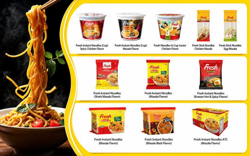 Assorted noodle products in cup, stick, pouch, and box packaging