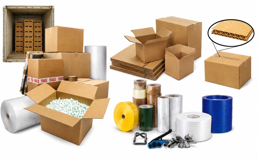 Packaging solutions including cardboard boxes, plastic rolls, stretch film, bubble wrap, packaging tape, straps, and protective materials