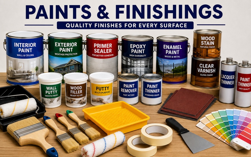 Paint and finishing products including interior and exterior paints, primers, sealers, varnishes, putty, thinners, brushes, rollers, and accessories