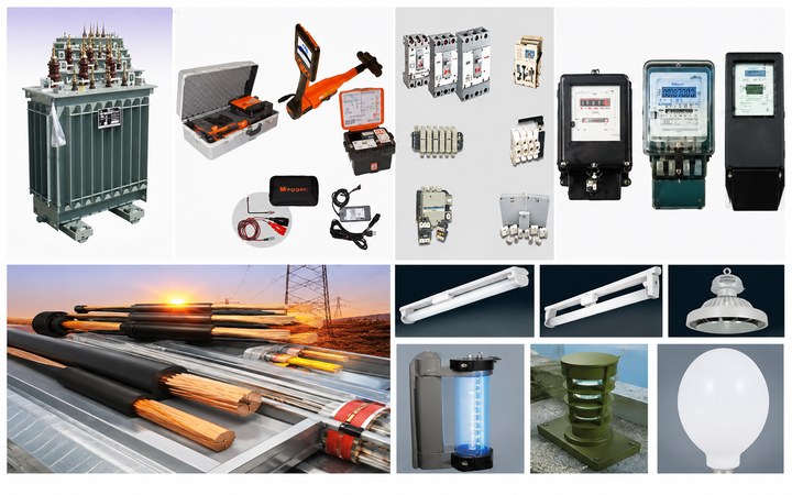 Power supply equipment including transformers, switchgear, electrical testing tools, meters, cables, control equipment, and industrial lighting