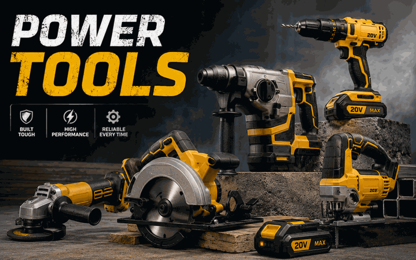 Professional power tools including drills, rotary hammers, circular saws, angle grinders, and jig saws