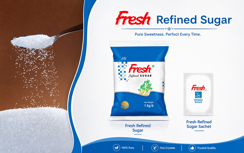 Refined sugar products including Fresh refined sugar and refined sugar sachets in retail packaging