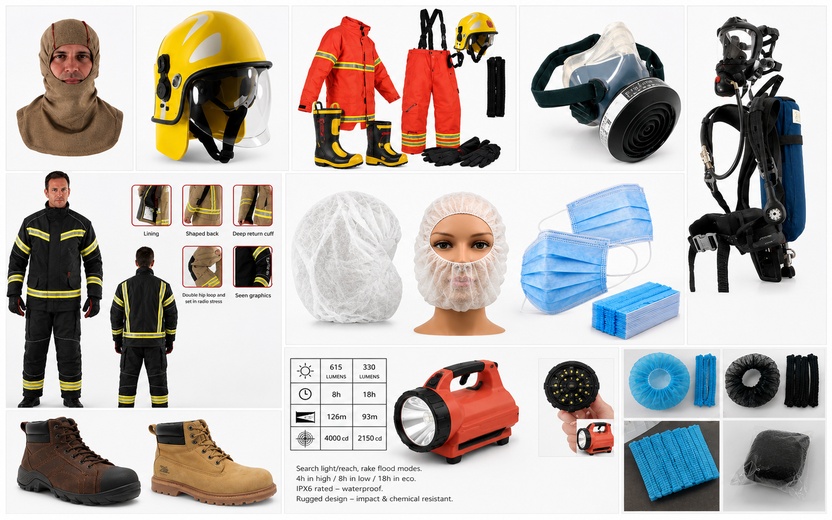 Safety and hygiene products including balaclavas, face masks, hair nets, helmets, protective clothing, respirators, safety boots, and emergency lighting