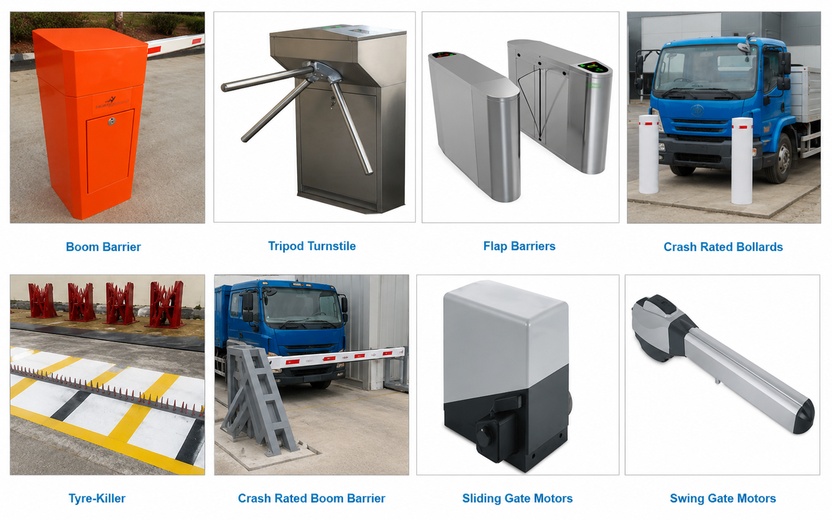 Security solutions including boom barriers, turnstiles, flap barriers, bollards, tyre killers, and automatic gate motors