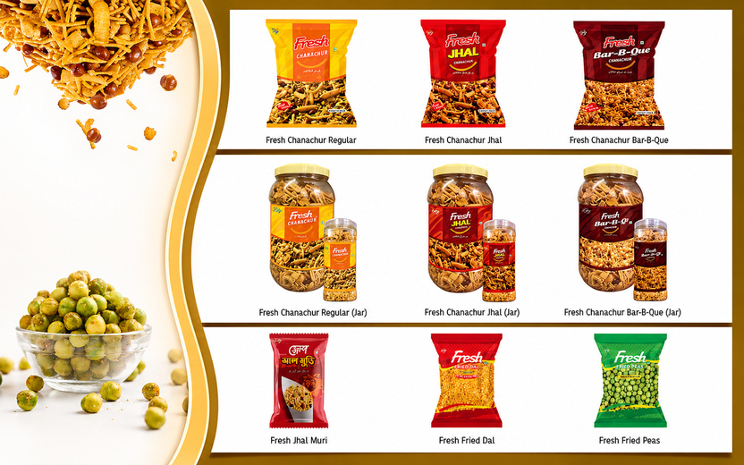 Assorted savory snacks including chanachur, jhal muri, fried dal, and fried peas