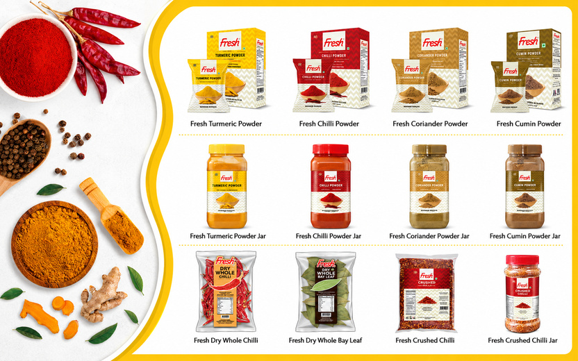 Spice products including turmeric, chilli, coriander, cumin, bay leaf, and crushed chilli in retail packs and jars