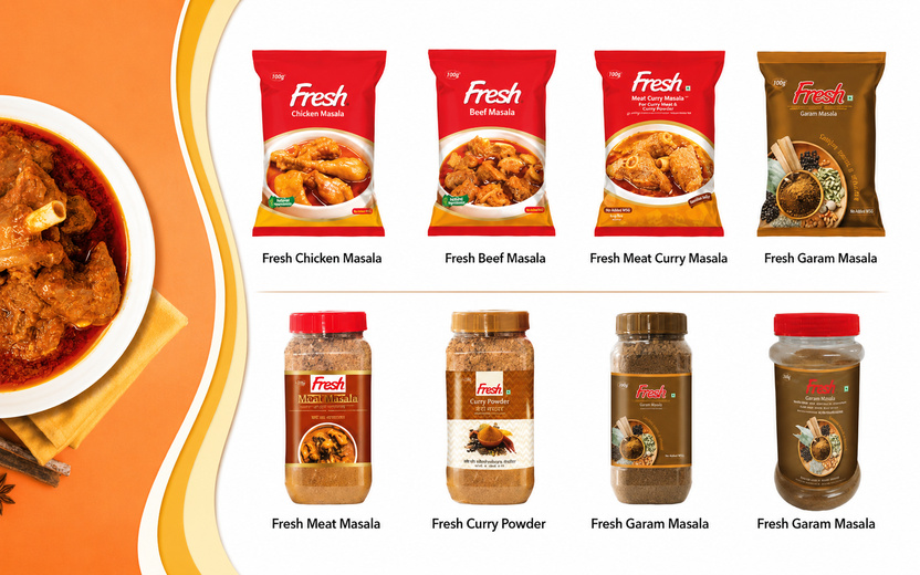 Masala and curry spice products including chicken masala, beef masala, meat curry masala, garam masala, and curry powder