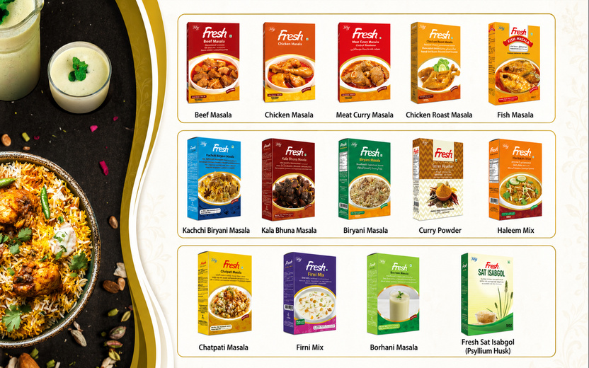Spices and psyllium husk products including biryani masala, roast masala, firni mix, borhani masala, and sat isabgol