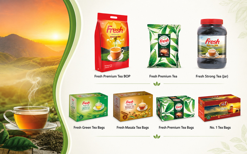 Tea products including premium tea, strong tea, green tea bags, masala tea bags, and tea bag packs