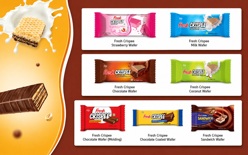 Assorted wafer products in strawberry, milk, chocolate, coconut, coated, and sandwich varieties