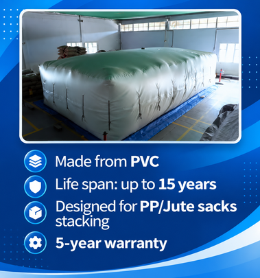 Hermetic bulk storage bag made from PVC, designed for PP and jute sack stacking, with up to 15-year lifespan and 5-year warranty