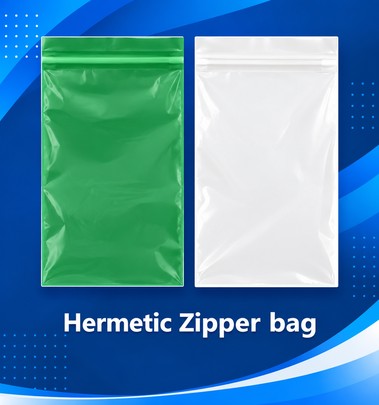 Hermetic zipper bag shown in green and white.