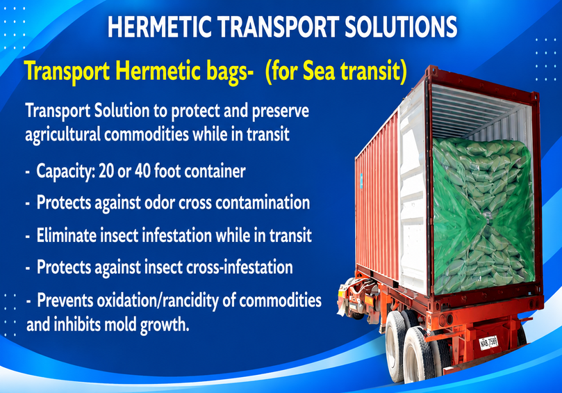 Hermetic transport solution showing a shipping container loaded with bagged agricultural commodities, with protection against odor cross-contamination, insect infestation, oxidation and mold growth.